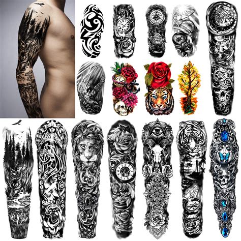 extra large waterproof temporary tattoos 8 sheets full arm fake tattoos and 8 sheets half arm