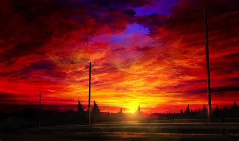 Wallpaper Anime Sunset Landscape Clouds Sky Road
