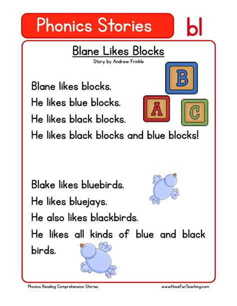 Grade 1 worksheets | blends chart. Reading Comprehension Worksheet - Blane Likes Blocks