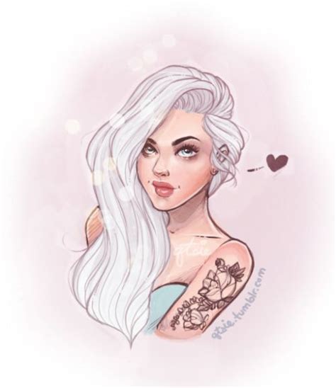 A Drawing Of A Woman With White Hair And Tattoos On Her Arm Looking To