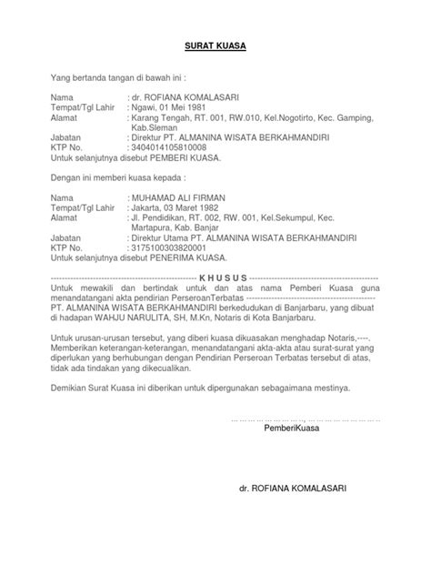 Surat Kuasa Penandatanganan Akta Pt Utk Dr Rofiana