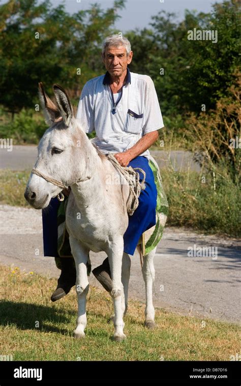 Man Rides Donkey As His Form Of Transport In Rural Village Stock Photo