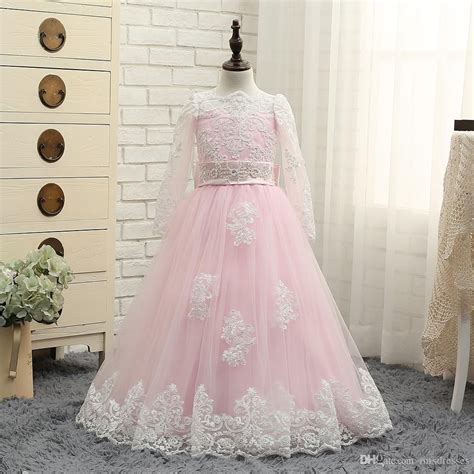 2017 New Hot Pink Tulle Flower Girl Dresses White Lace Long Sleeves