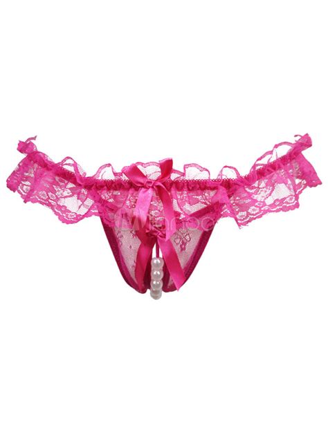 Pink Lace Panties Pearl Crotchless Panties With Bow