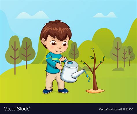 Child Caring For Nature Boy With Watering Can Vector Image