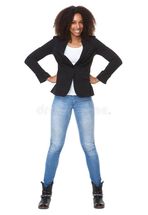 Happy African American Woman With Hands On Hip Stock Photo