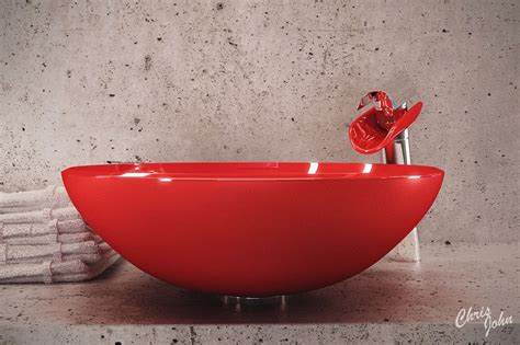 How's this for double sink bathroom vanity decorating ideas? Modern bath with red vessel sink | Interior Design Ideas.