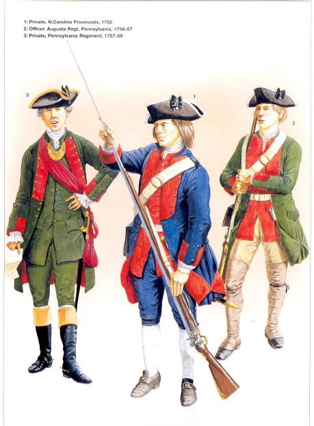 Provincial Regiments L To R Officer Augusta Regiment Pennslyvania 1756