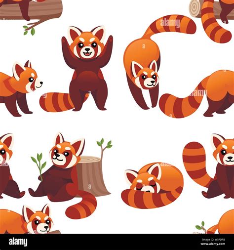 Seamless Pattern Of Cute Adorable Red Panda In Different Poses Cartoon
