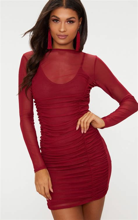 Wine Mesh Ruched Long Sleeve High Neck Bodycon Dress Prettylittlething