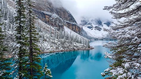 Lake Canada Mountains Fog Forest Moraine Lake Winter For