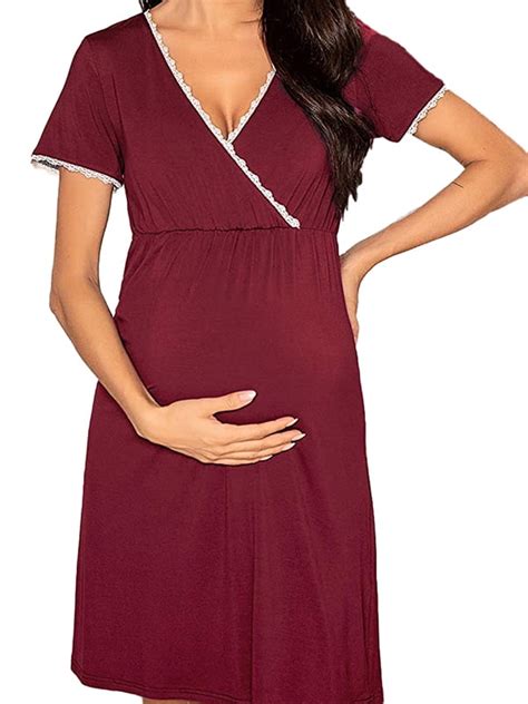 Jchiup Womens Maternity Short Sleeve V Neck Dress Nursing Nightgown For Breastfeeding Sleepwear