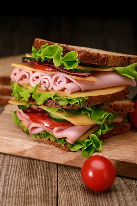 Sandwich With Lettuce Ham Cheese Bacon Stock Image Image Of Wood Delicious 178717219