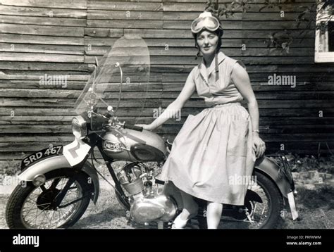 Woman On 1950s Triumph Cub Motorcycle In The 1950s Stock Photo Alamy