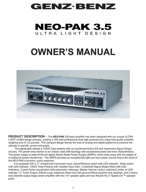 Genz Benz Neo Pak 35 Amplifier Owners Manual Manualslib