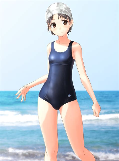 the big imageboard tbib 1girl absurdres beach blue sky blue swimsuit blurry breasts brown