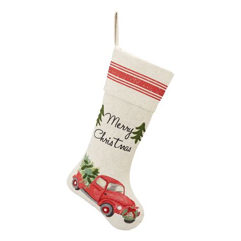 Holiday Time Linen Red Truck Christmas Stocking 20