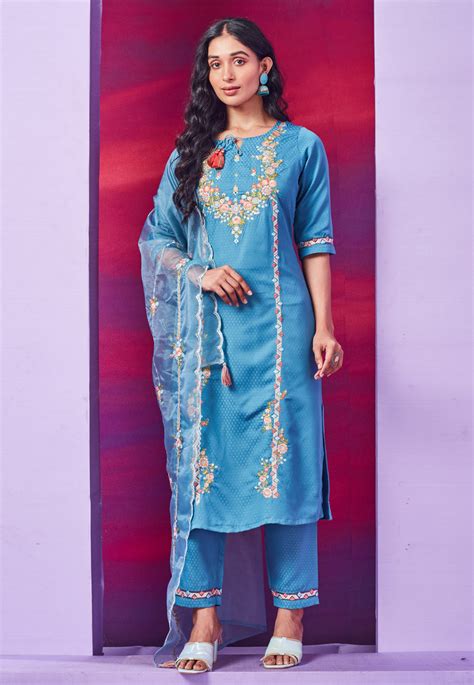 Sky Blue Cotton Readymade Pant Style Suit 274370
