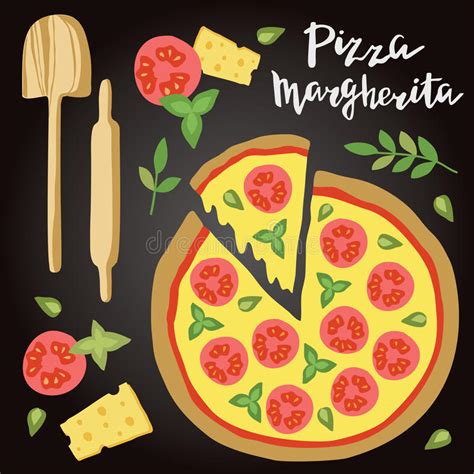 Margherita Pizza With Ingredients Flat Style Vector Illustration Stock