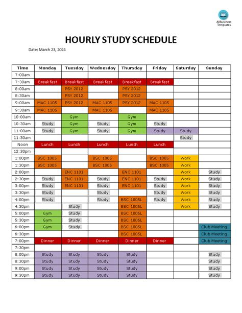 Study Schedule Excel Template