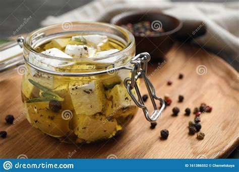 Jar With Feta Cheese Marinated In Oil Pickled Food Stock Photo Image