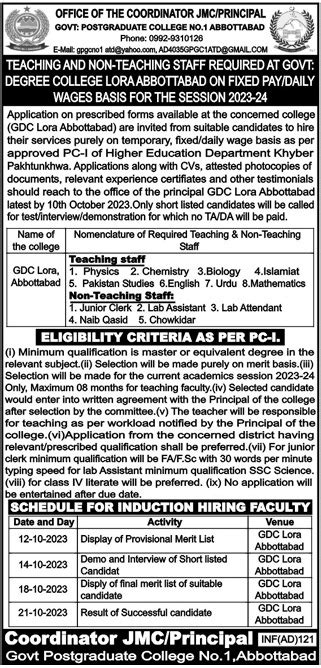 Government Postgraduate College No 1 Abbottabad Jobs 2023 For Teaching