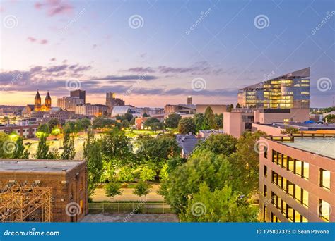 Akron Ohio Usa Downtown Skyline Stock Image Image Of Night