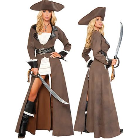 High Quality Sexy Plus Size Costume Halloween Adult Brown Pirate Costume Dress 5 Pcs New Long
