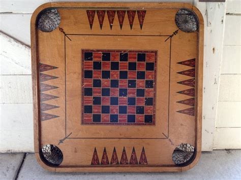 Vintage Wooden Game Board With Mesh Corner Pockets Carrom