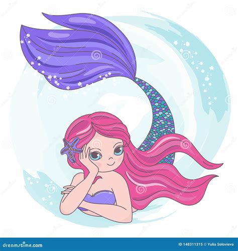 Red Mermaid Cartoon Travel Tropical Vector Illustration Set Stock