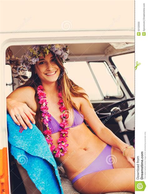 Beach Lifestyle Surfer Girl In Vintage Surf Van Stock Image Image Of