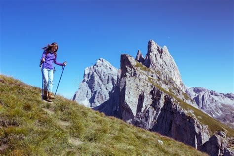 Tourist Girl At The Dolomites Stock Photo Image Of Girl Backpacking