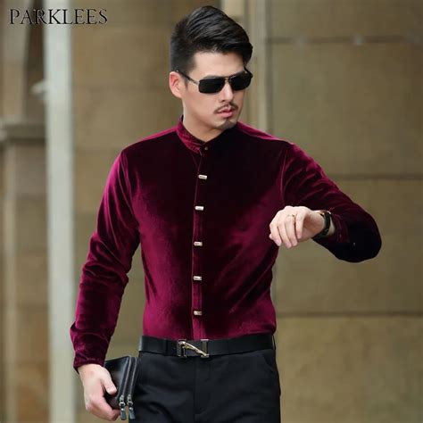 Brand Wine Red Stand Collar Velvet Shirt Men 2018 Autumn New Slim Fit