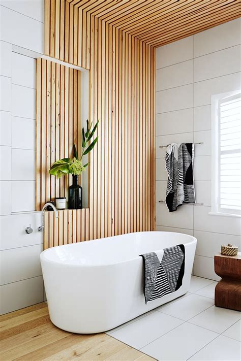 Bathroom With Feature Oak Batten Wall Natural Timber In Interiors