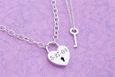Engraved Locking Necklace Heart And Key Locking Day Collar