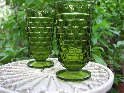 Vintage Green Pressed Glass Fostoria American Pattern Set Of