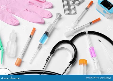 Different Medical Objects On White Modern Equipment Stock Photo