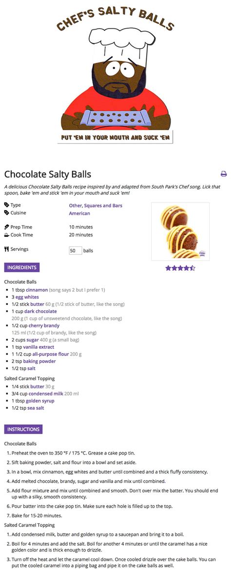 I love you) is a 1998 song from the animated comedy tv series south park, performed by the character chef and featured on the soundtrack album chef aid: Chef's Chocolate Salty Balls recipe Gotta try this - 9GAG