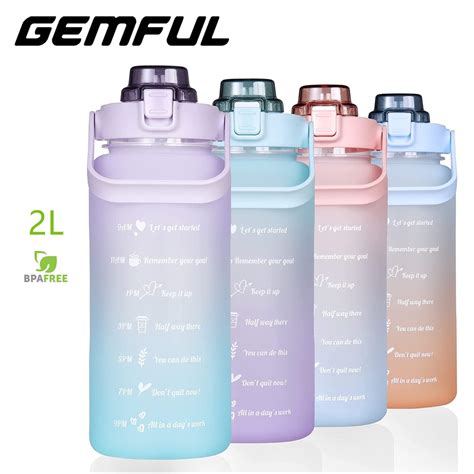 Gemful Large Water Bottle 2l With Time Marker And Straw Bpa Free 水瓶