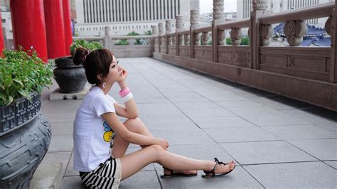 Asian Brunette Sitting Flip Flops Girl Mikako Zhang Kaijie Wallpaper 143363 1920x1080px