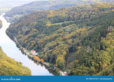 Beautiful View On The Saar River Loop In Autumn At Mettlach Germany