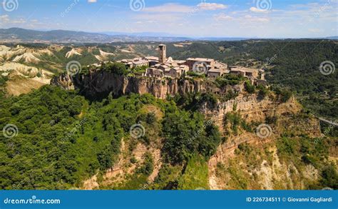 Panoramic Aerial View Of Civita Di Bagnoregio From A Flying Drone