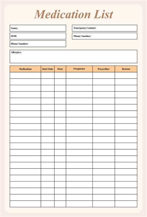 Free Printable Medication List Form Farrah Printable