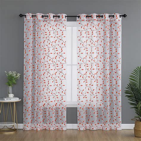 Buy 72 Inches Embroidered Coral Sheer Curtains Faux Linen Window Drape