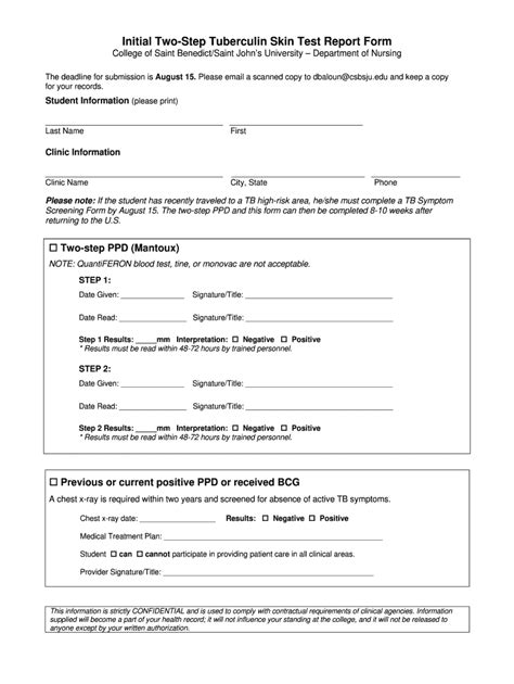 Printable Step Tb Test Form