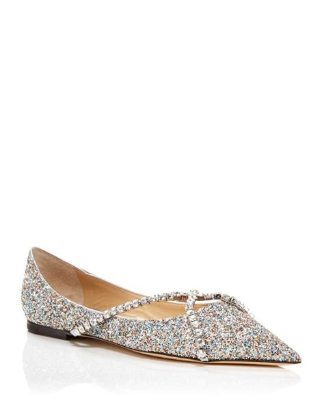 Jimmy Choo Genevi Pointed Toe Crystal Embellished Flats In Metallic Lyst