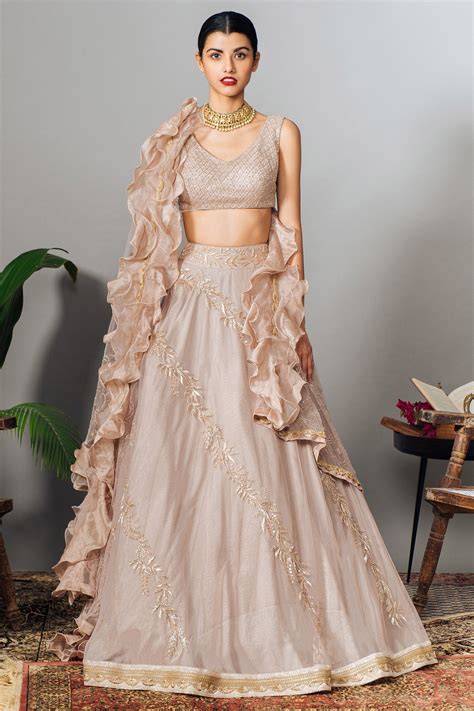 Buy Mishru Pink Embroidered Ruffle Dupatta And Lehenga Set Online Aza Fashions