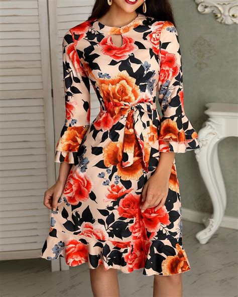 Floral Print Cutout Ruffles Flared Sleeve Casual Dress | Casual dress ...