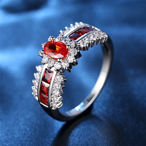 High Quality Silver Plated Ring Red Crystal Wedding Rings Cubic Zirconia Finger Rings Engagement