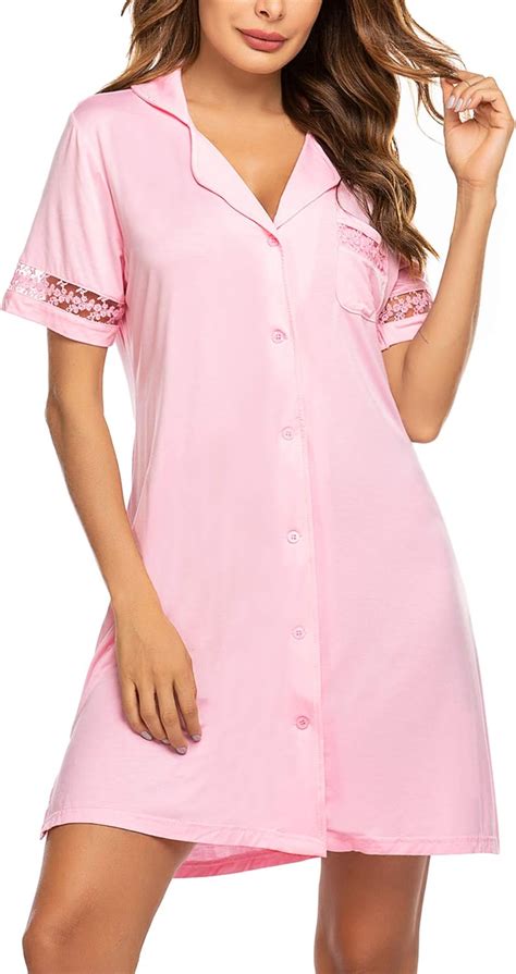 Hotouch Nightgown Womens Nightshirt Short Sleeve Button Down Sleep Shirts Lapel Collar Sleepwear